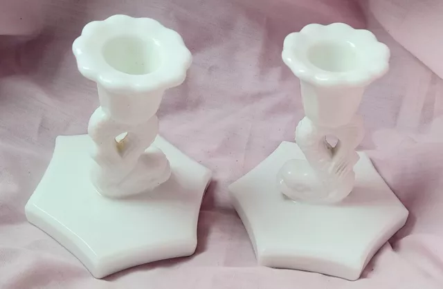 Pair Vintage Westmoreland White Milk Glass Dolphin Koi Fish Candle Holders MCM