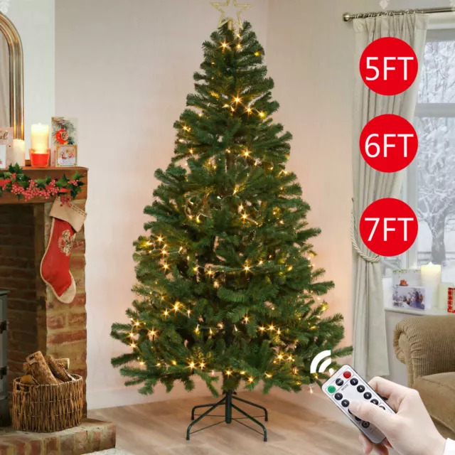 5/6/7FT Green Christmas Tree Pre Lit With LED Lights Bushy Pine Xmas Outdoor UK