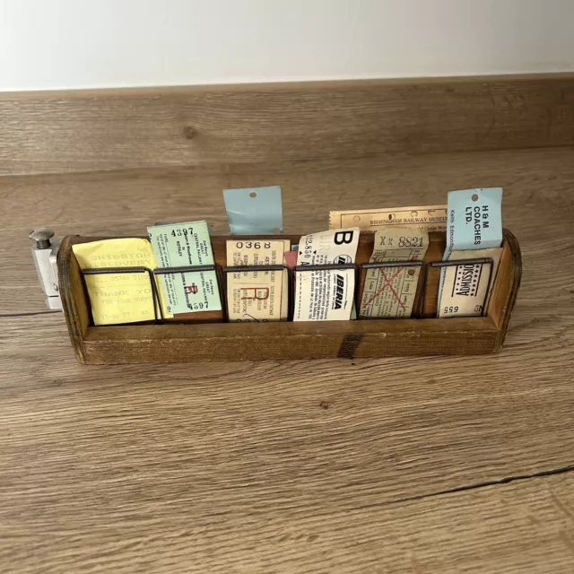 Vintage Wooden Bus Ticket Holder with Double Sided Spring Clips & Ticket Punch