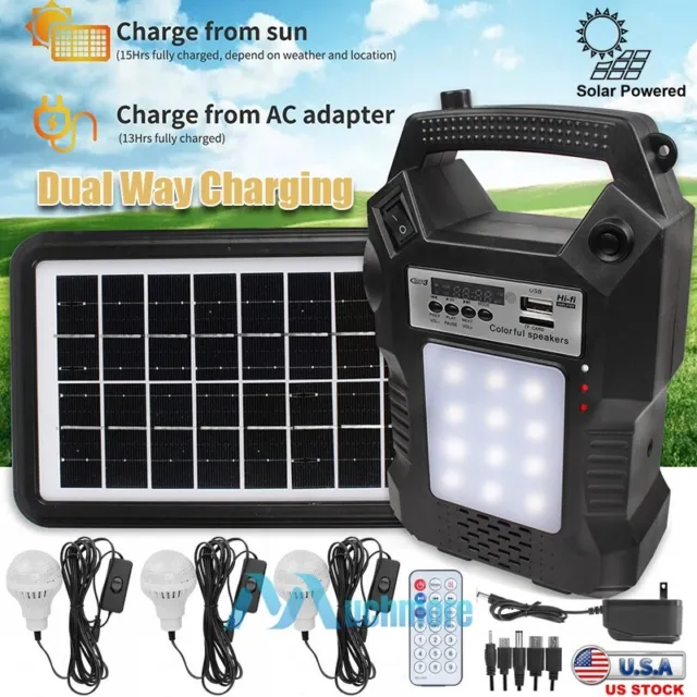 Solar Panel Power Generator System Emergency Power Station Outlet w/ 3 LED Bulbs