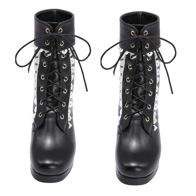 Stivali con tacco alto in pizzo neri Lolita scarpe plateau alla caviglia