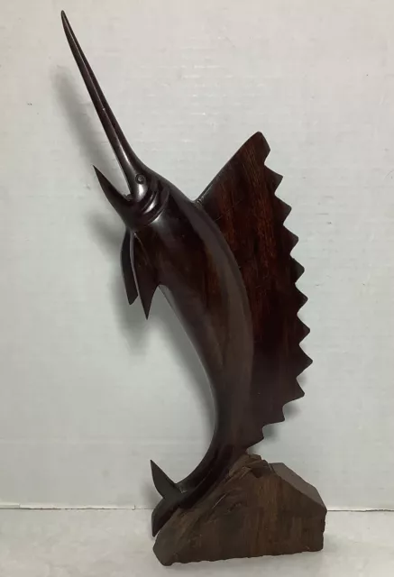 Hand Carved Ironwood Swordfish Marlin Wood Statue Nautical Decor 13 1/2”Tall MCM