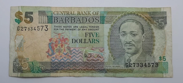 1998 - Central Bank Of Barbados - $5 Dollars Banknote, Serial No. G27 334573