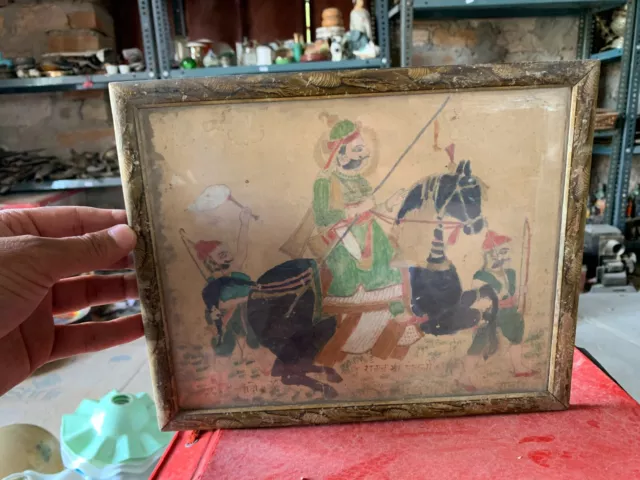 Vintage Old Indian Handmade Mughal King Riding Horse Rajasthan Painting Framed