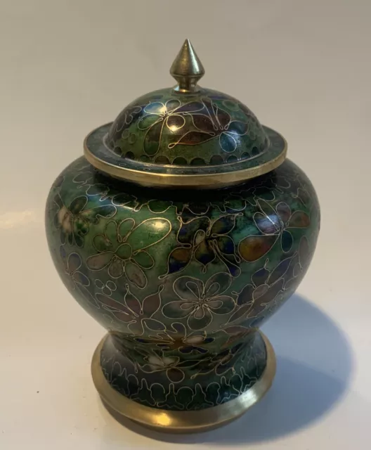 Vtg Chinese Cloisonné  Green Enameled Ginger Jar Vase Finial Lid