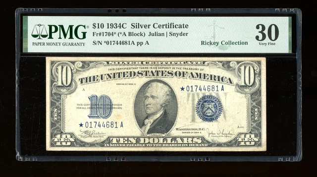 DBR 1934-C $10 Silver STAR Fr. 1704* PMG 30 Serial *01744681A
