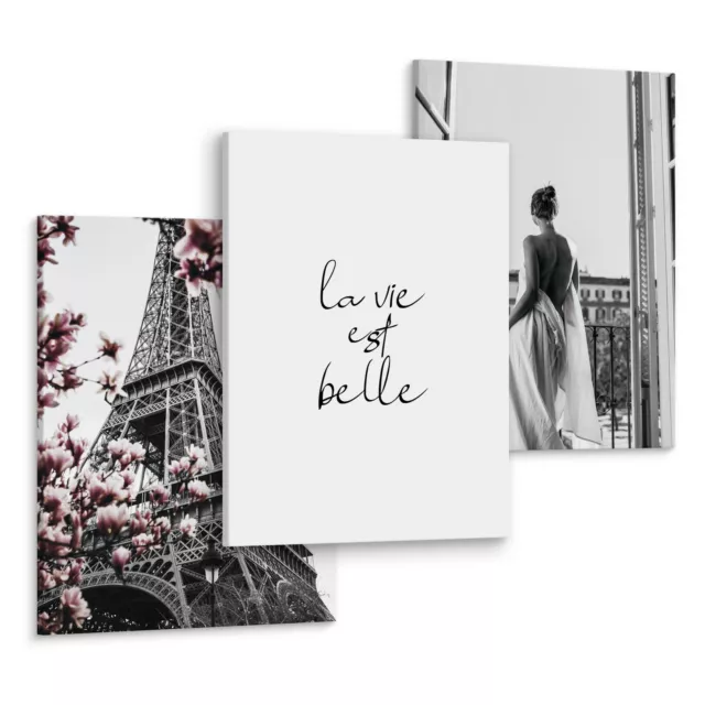 Leinwand Bilder Set Aufhängefertig PARIS Eiffelturm Frau Zitat Wanddeko 90x40cm