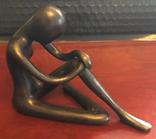 Abstract Bronze Sculpture Minimalist Statue of a Lady Sitting Thinking READ