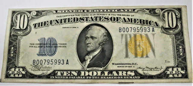 1934 Ten Dollar Gold Seal Silver Certificate! Serial#B 00795993 A! Vf Condition!