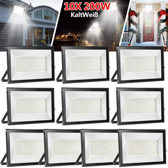 10x 200W LED Fluter Strahler Scheinwerfer Außen Garten Leuchte Baustrahler 6000K