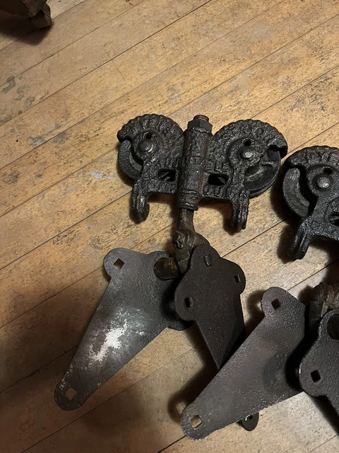 Antique Patina Myers Adjustable Stay On cast iron Barn Door Rollers Pair Set USA 3