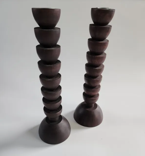 Pottery Barn Dark Turned Wood 12.5" Candle Stick Holders Made In The Philippines