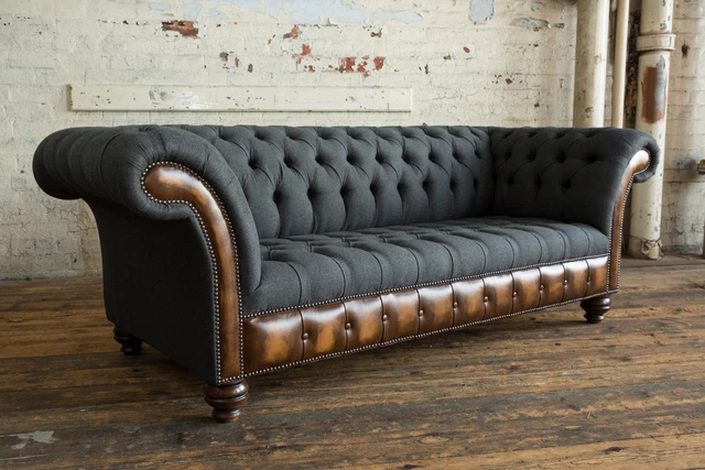Modern Charcoal Grey Wool & Antique Tan Leather 3 Seater Chesterfield Sofa Couch