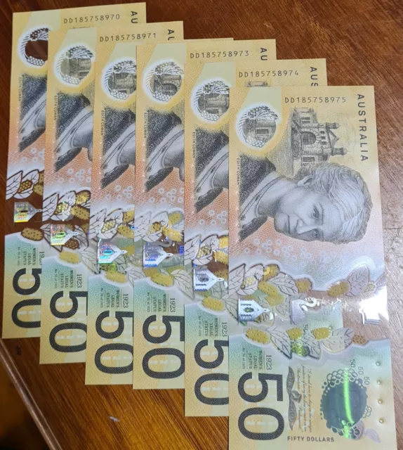 Australian 50 Dollar Notes 6x Consecutive Serial Numbers Uncirculated