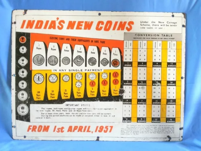 1955 Vintage Old Porcelain Enamel Money Denomination Conversion Sign Board India