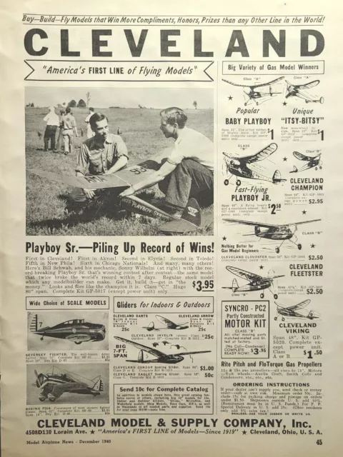 Cleveland Model & Supply Co Airplanes Motors Kits Parts Vintage Print Ad 1940
