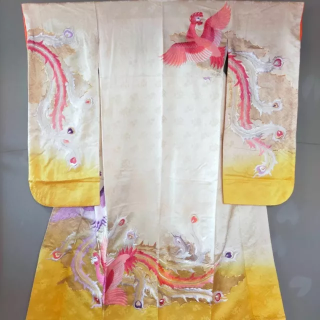 Japanese Kimono Furisode pure silk 157cm  Geisha Cosplay four Phoenixes
