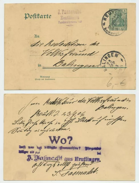 106570 - Todo el asunto P 64 Y - Postal - Reutlingen 23.9.1904 a Balingen