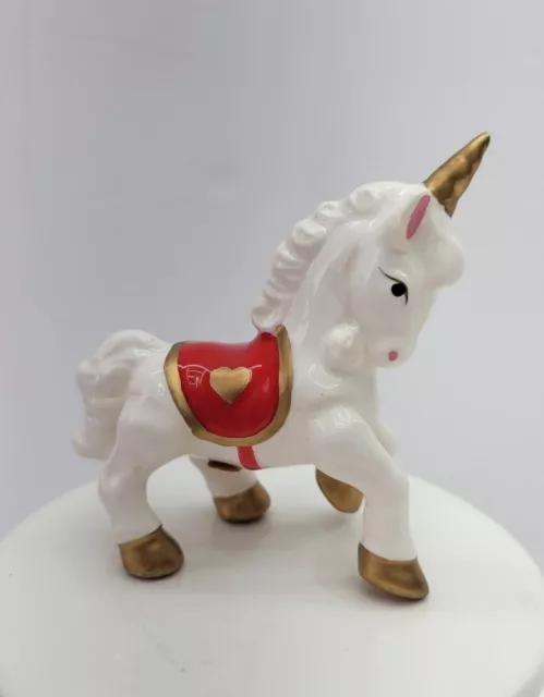 Vintage Porcelain Unicorn Figurine 1981 Red Gold Heart Valntine Fantasy 3.5"