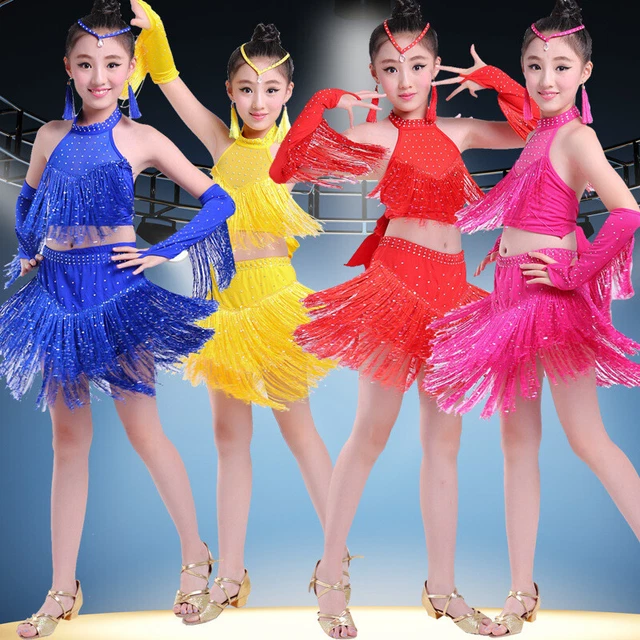 Bambine 2 Pezzi Paillettes Latino Danza Nappa Gonna Abito Performance Costume