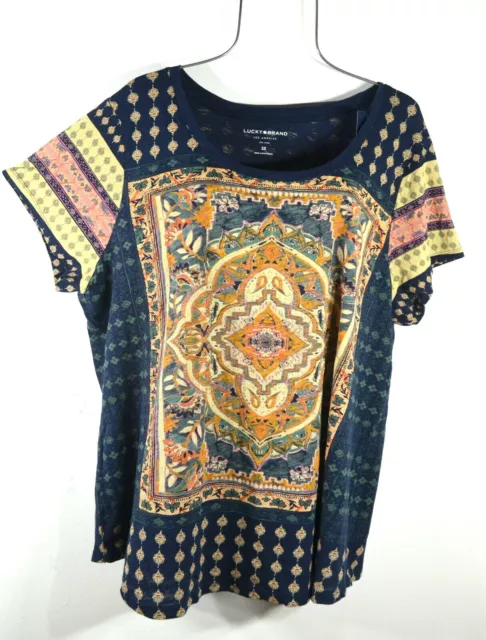 Lucky Brand Women's T-Shirt 1X Persian Carpet Graphic Blue Tee Top Blouse NWT