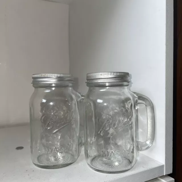 Vintage Ball Mason Fruit Jar Salt & Pepper Shakers W/Handles Glass & Metal USA