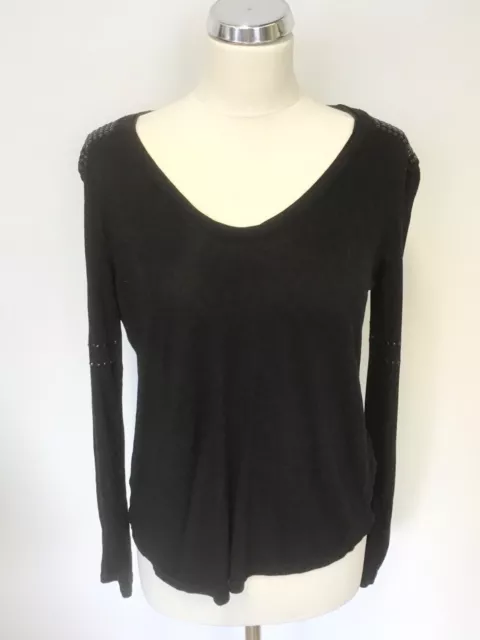 Karen Millen Black Scoop Neck Bead Trimmed Sheer Back Long Sleeve Top Size 12