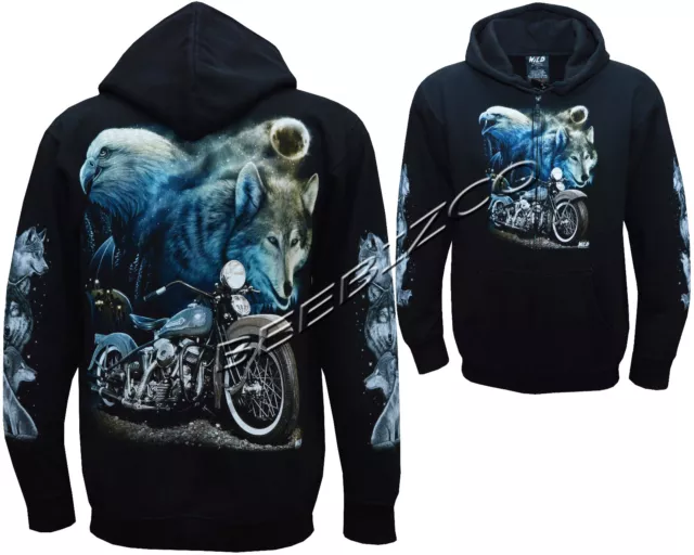 New Wolf Eagle Biker Harley Motorbike Motorcycle Zip Zipped Hoodie Hoody Jacket