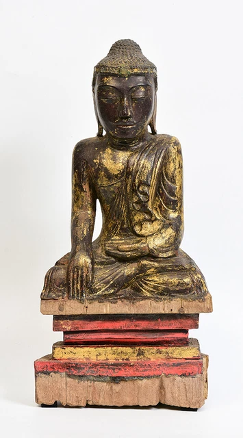 18th Century, Shan, Antique Burmese Wooden Seated Buddha