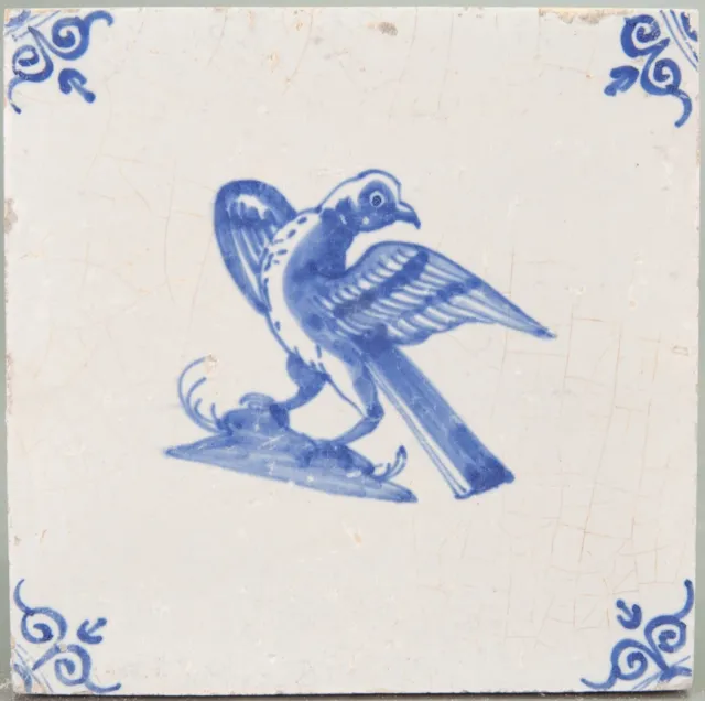 Nice Dutch Delft Blue tile, bird, mid 17th century.