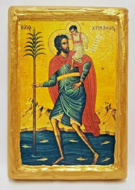 Saint Christopher Patron of Travelers Byzantine Greek Orthodox Aged Wooden Icon