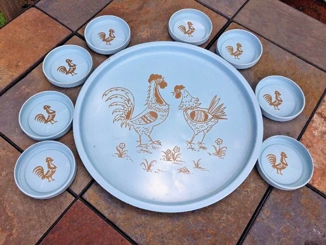 Vintage Marcelline 594ms Tole Pintado Gallo Gallina Servir Bandeja + 8 Coasters