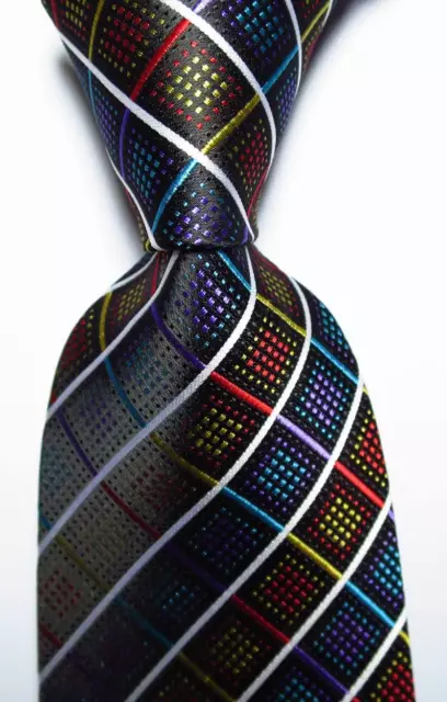 New Classic Checks Black White Red Blue JACQUARD WOVEN Silk Men's Tie Necktie