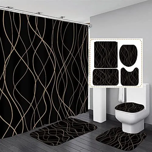 Black Shower Curtain Sets With Rugs Stripe Modern Black And Golden Wavy Line Bat