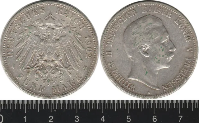 Germany - Prussia: 1902A 5 Marks Wilhelm II silver Deutsches Reich ASW .8037
