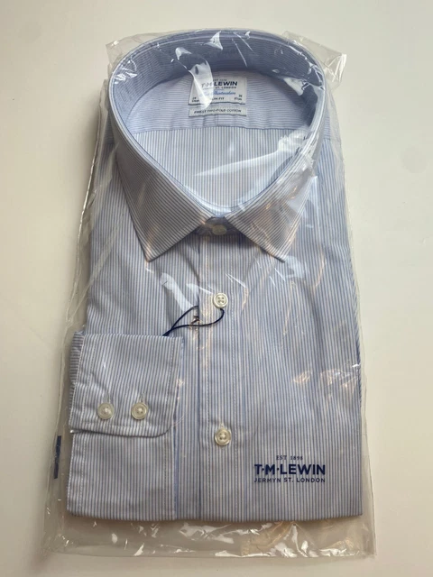 T.M. Camicia Lewin blu a righe 20"" - 38"" vestibilità regolare polsino con bottoni NUOVA