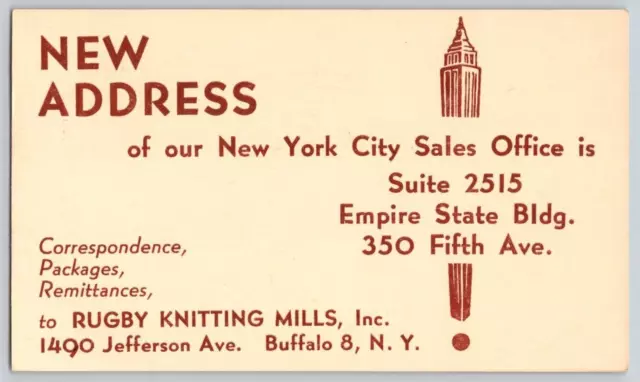 Postcard~ Rugby Knitting Mills, Inc.~ Empire State Building~ New York City, NY