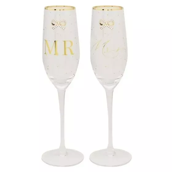Mr & Mrs Wedding Gifts Bride Groom Flute Set Wine Glasses Toasting Jewelled Bows