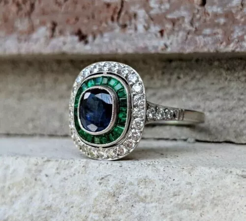 Art Deco Lab-Created Diamond & Emerald With Sapphire Engagement 925 Silver Ring