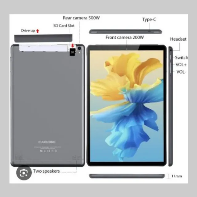 Tablette 10.1 Pouces Android 10.0, 4G LTE,128Go, 4Go de RAM, 6000mAh,  Tablette Dual SIM GPS, WiFi, Bluetooth, Type C(Noir)