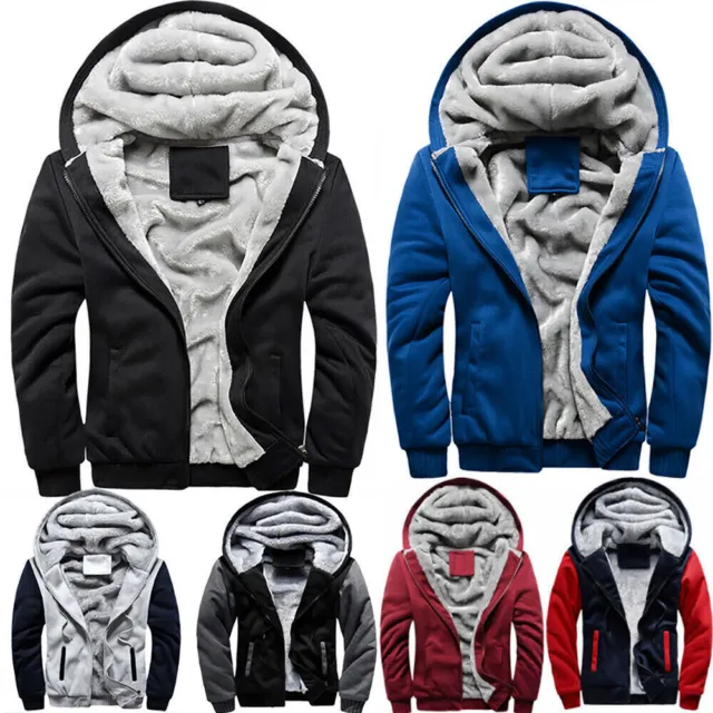 Winter Mens Warm Thick Coat Fleece Fur Lined Jacket Hoodie Zip Up Sweatshirt Top