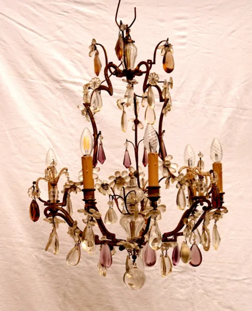 French Louis XV Style 6 Light Chandelier Crystal Clear Colored Gilt Iron 19th