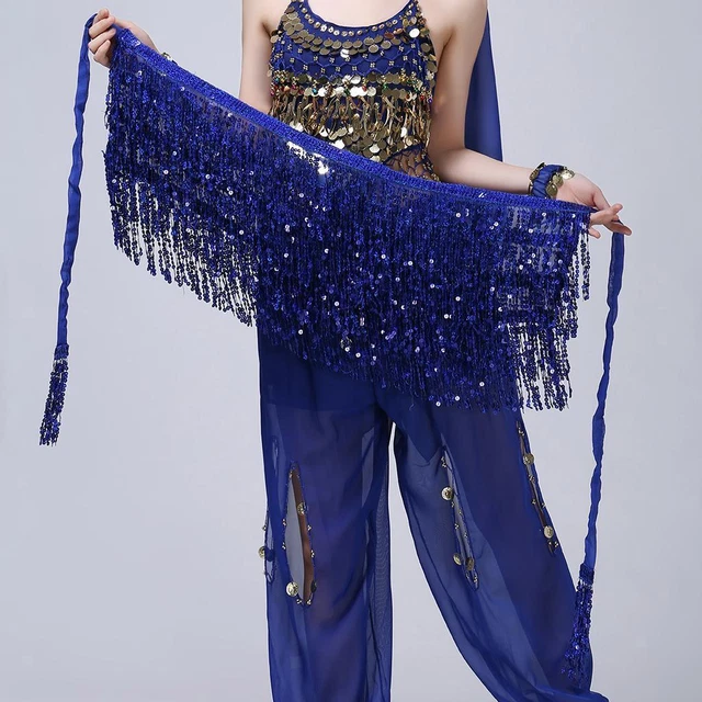 Women Chiffon Belly Dance Hip Scarf Skirt Belt with 4 Row Tassels - Gold, Black,
