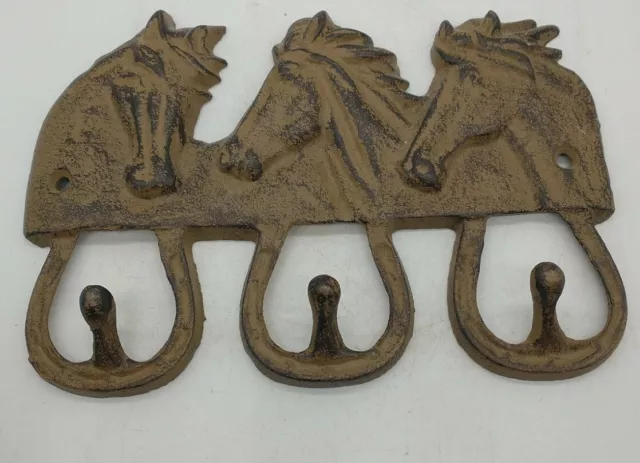 Cast Iron Triple Horse Head w/3 Coat Hooks Wall Mounted, Western Decor
