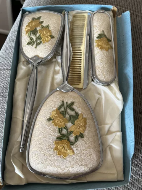 Ladies Vanity Handheld Mirror and Brush Set Embroidered Floral Design Vintage