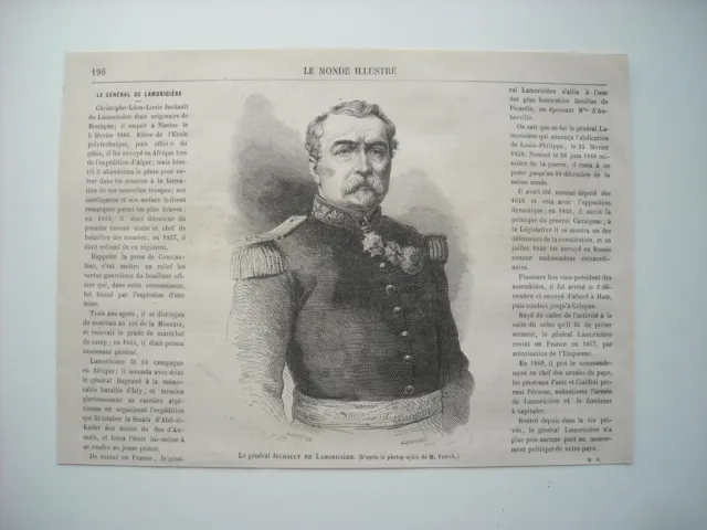 1865 Engraving. Le General Juchault De Lamoriciere. Ne A Nantes 5 Fevrier 1806. Ex