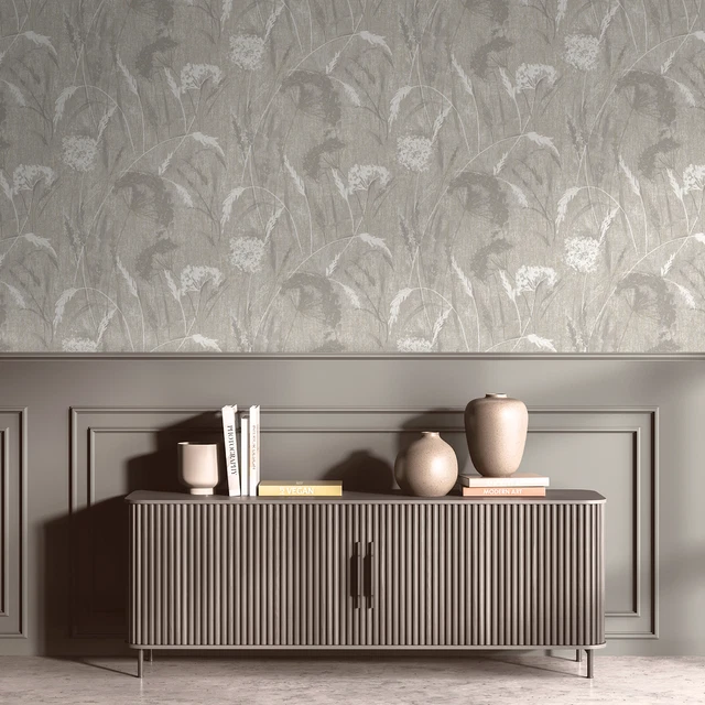 Papier Peint Pissenlit Floral Métallisé - Gris Argent - 10,05m X 0,53m - Neuf
