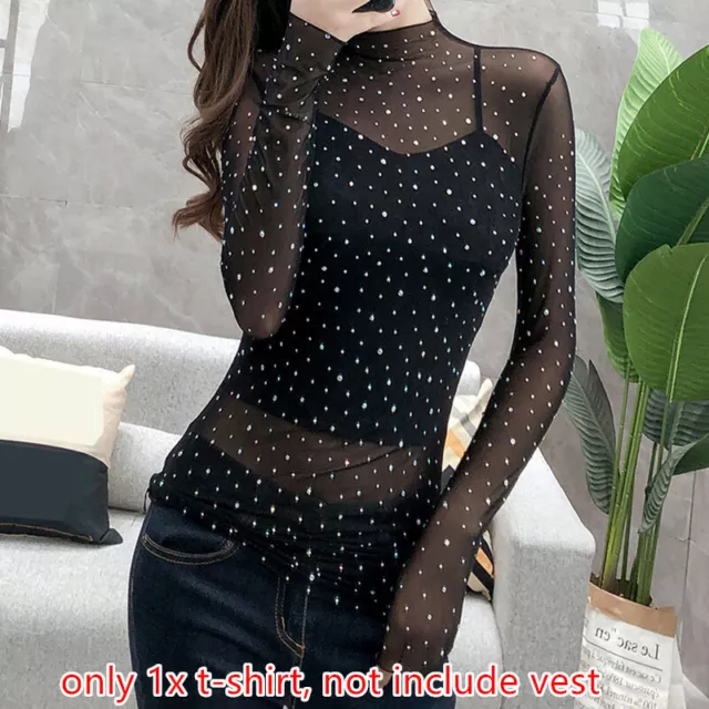 Lady Rhinestone Mesh Tops T-shirts Long Sleeve See Through Sheer Sexy Slim Basic