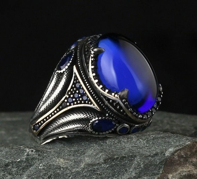 Bague pour homme en saphir faite à la main en argent sterling 925 avec...