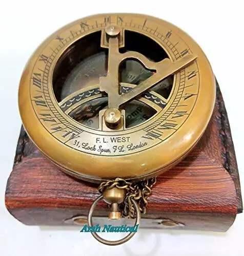 Vintage Nautical Sundial Chain Compass With Wooden Box Brass Finish Collectible
